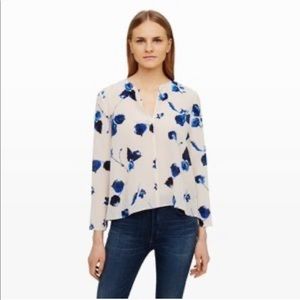 Club Monaco silk cream blue floral long sleeve top